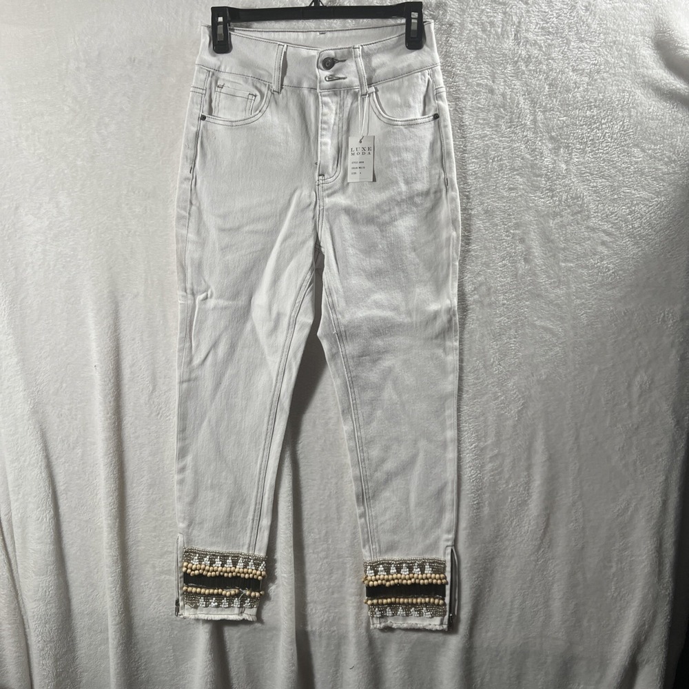 Luxe Moda Womens White Raw Edge Embellished Jeans - 4